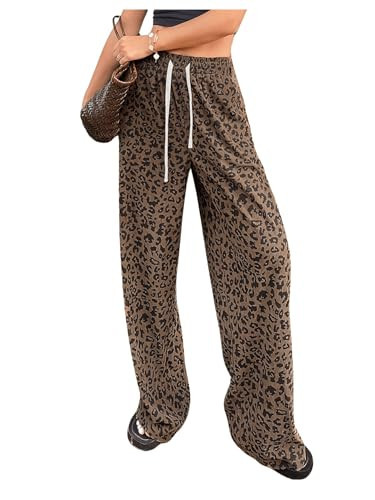 OYOANGLE Women's Graphic Print Drawstring Elastic High Waist Long Pants Y2k Wide Leg Casual Trousers with Pockets Brown Small | Amazon (US)
