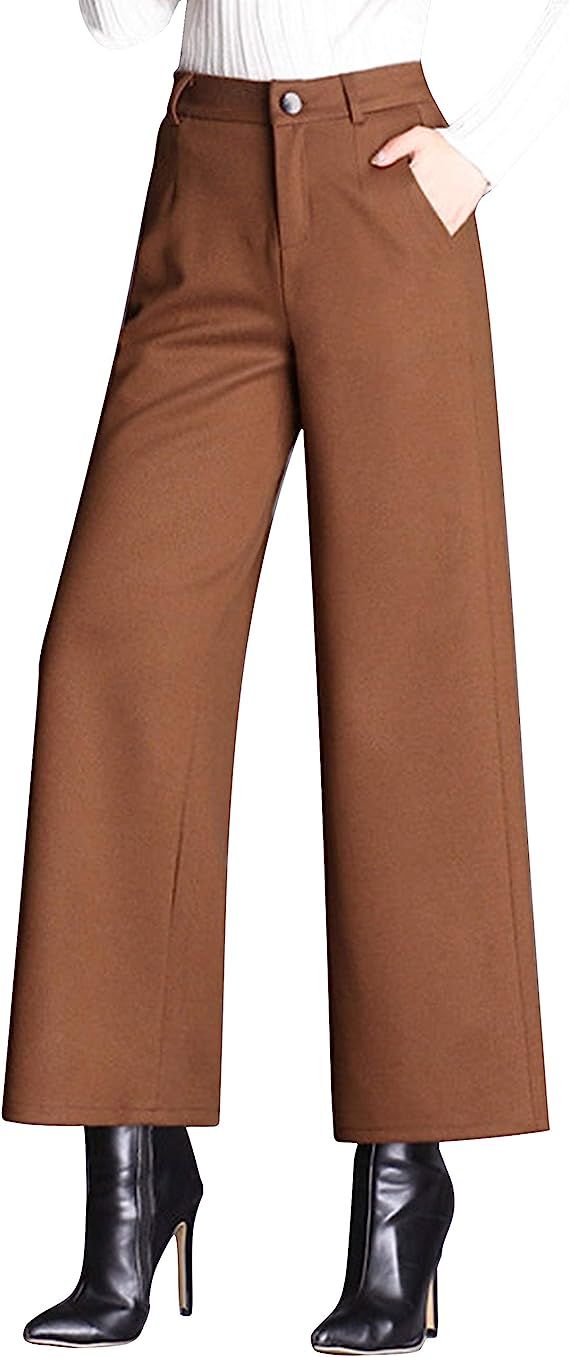 Tanming Women's Casual High Waist Trousers Wool Blend Cropped Wide Leg Pants | Amazon (US)