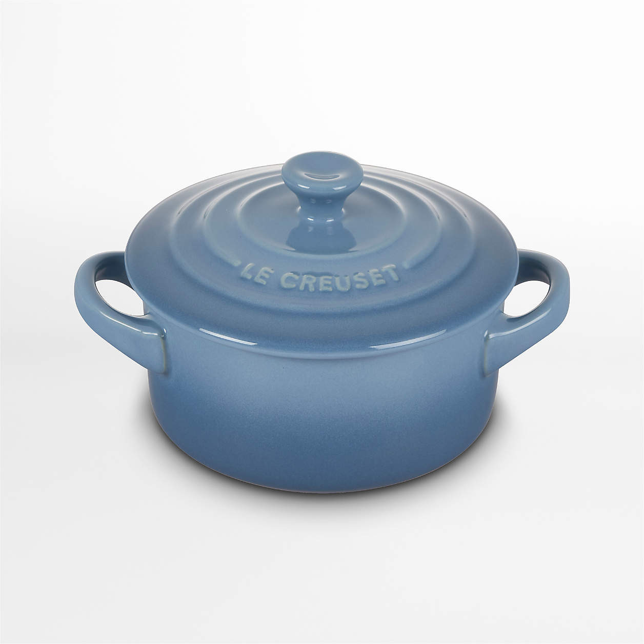 Le Creuset 8-Oz. Chambray Round Mini Cocotte with Lid + Reviews | Crate & Barrel | Crate & Barrel