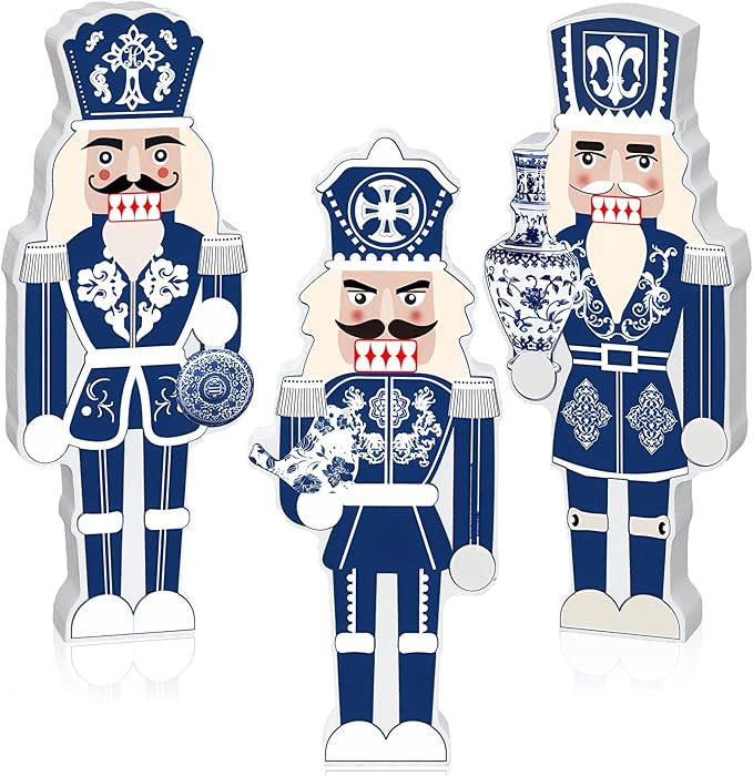 3 Pcs Blue and White Nutcracker Decor Ornaments Wooden Chinoiserie Nutcracker Shelf Decor Xmas Ti... | Amazon (US)