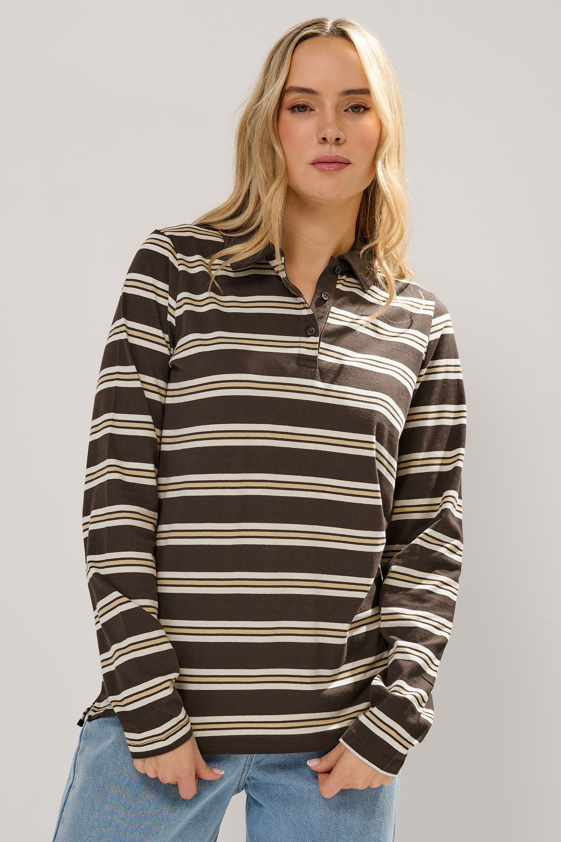 LTS Tall Chocolate Brown Striped Jersey Polo Top | Long Tall Sally