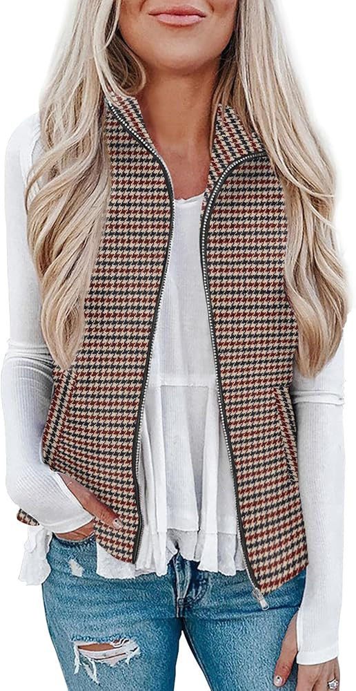 Rapbin Women's Plaid Outerwear Vests Tops Zip Up Collared Sleeveless Jacket with Pockects | Amazon (US)