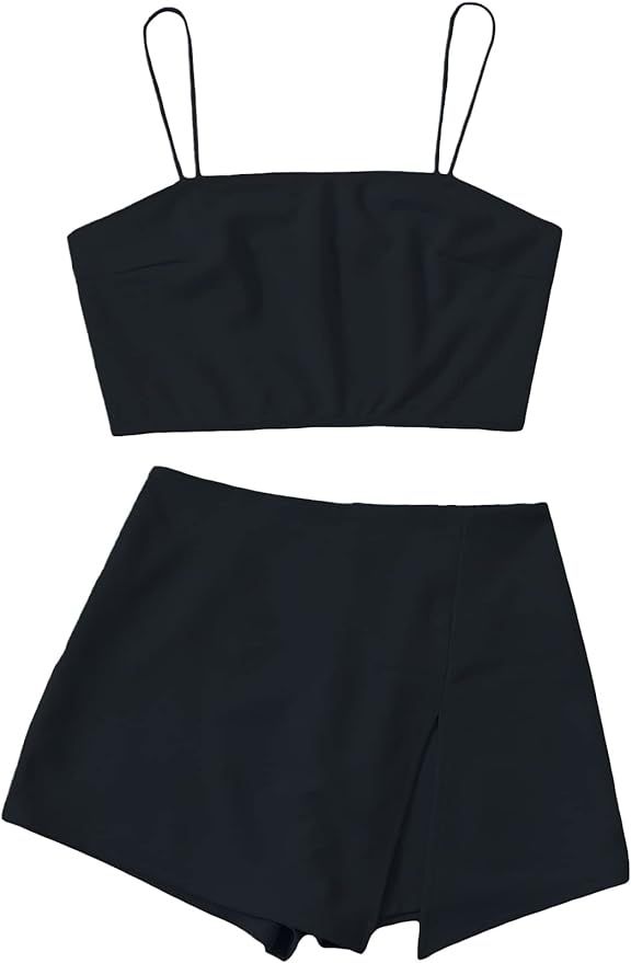 Verdusa Women's 2 Piece Outfit Crop Cami Top and Asymmetrical Shorts Sets | Amazon (US)