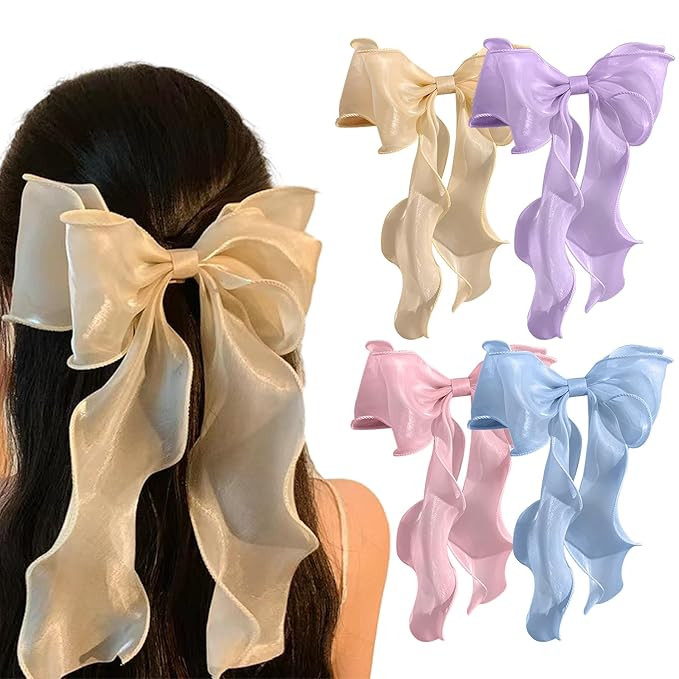 papasgix Hair Bow Clips: Big Solid Color Silk Ribbons for Women & Girls (4: Champagne, Blue, Purp... | Amazon (US)