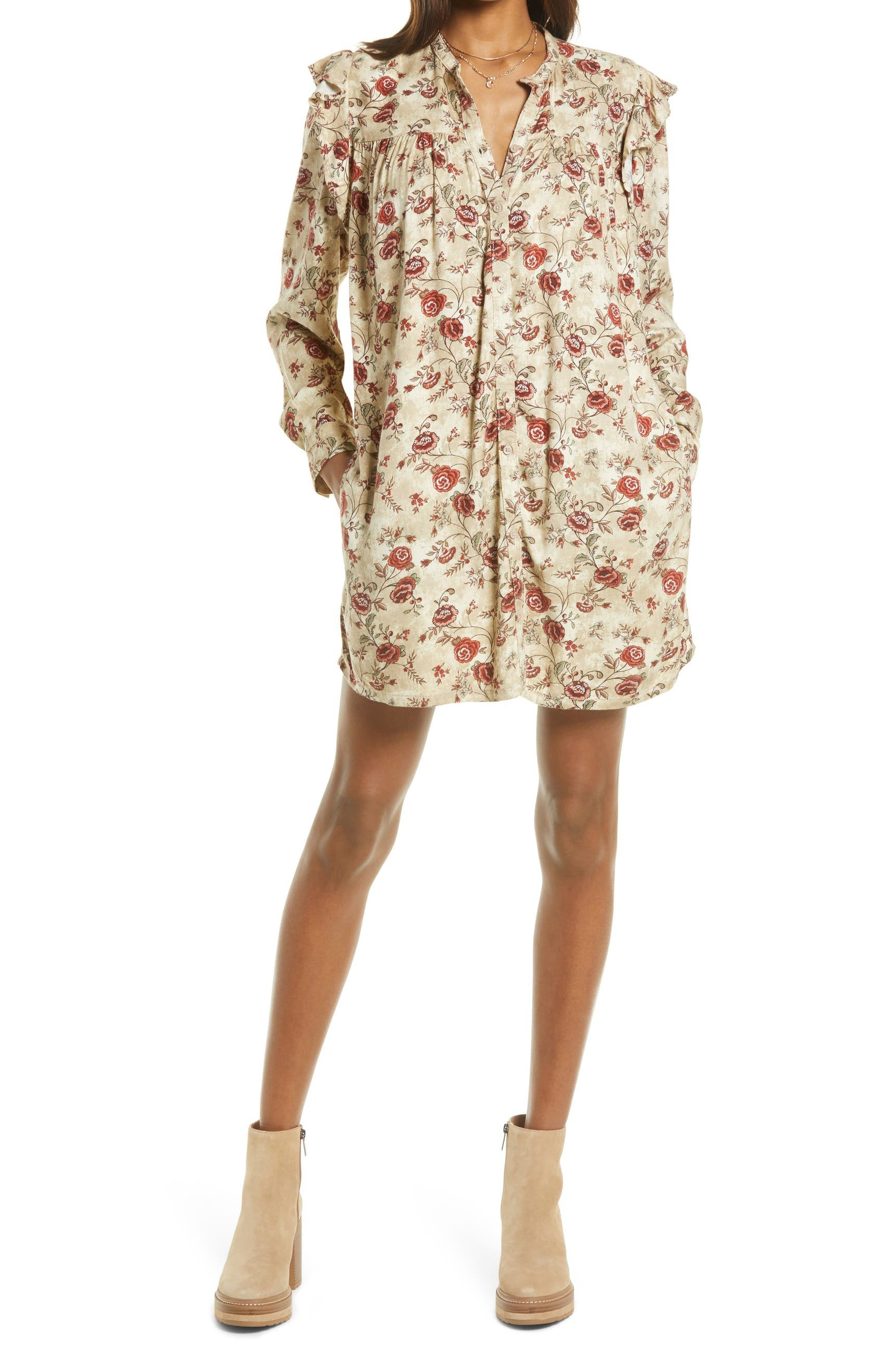 Floral Ruffle Long Sleeve Mini Shirtdress | Nordstrom
