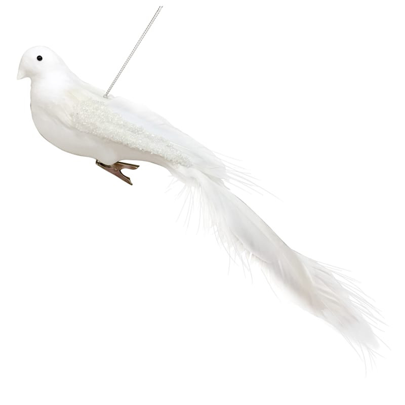 Providence Silver White Bird Ornament with Long Tail, 13.8" | At Home