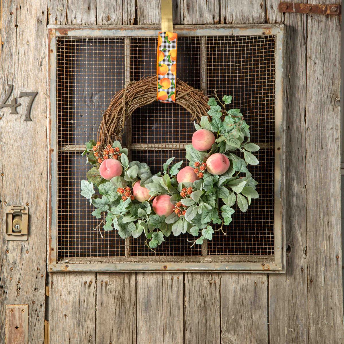 Georgia Peach - Lamb's Ear, Frosted Ivy, Fuzzy Peach with Gingham Ribbon Hanger Spring Summer Doo... | Darby Creek Trading