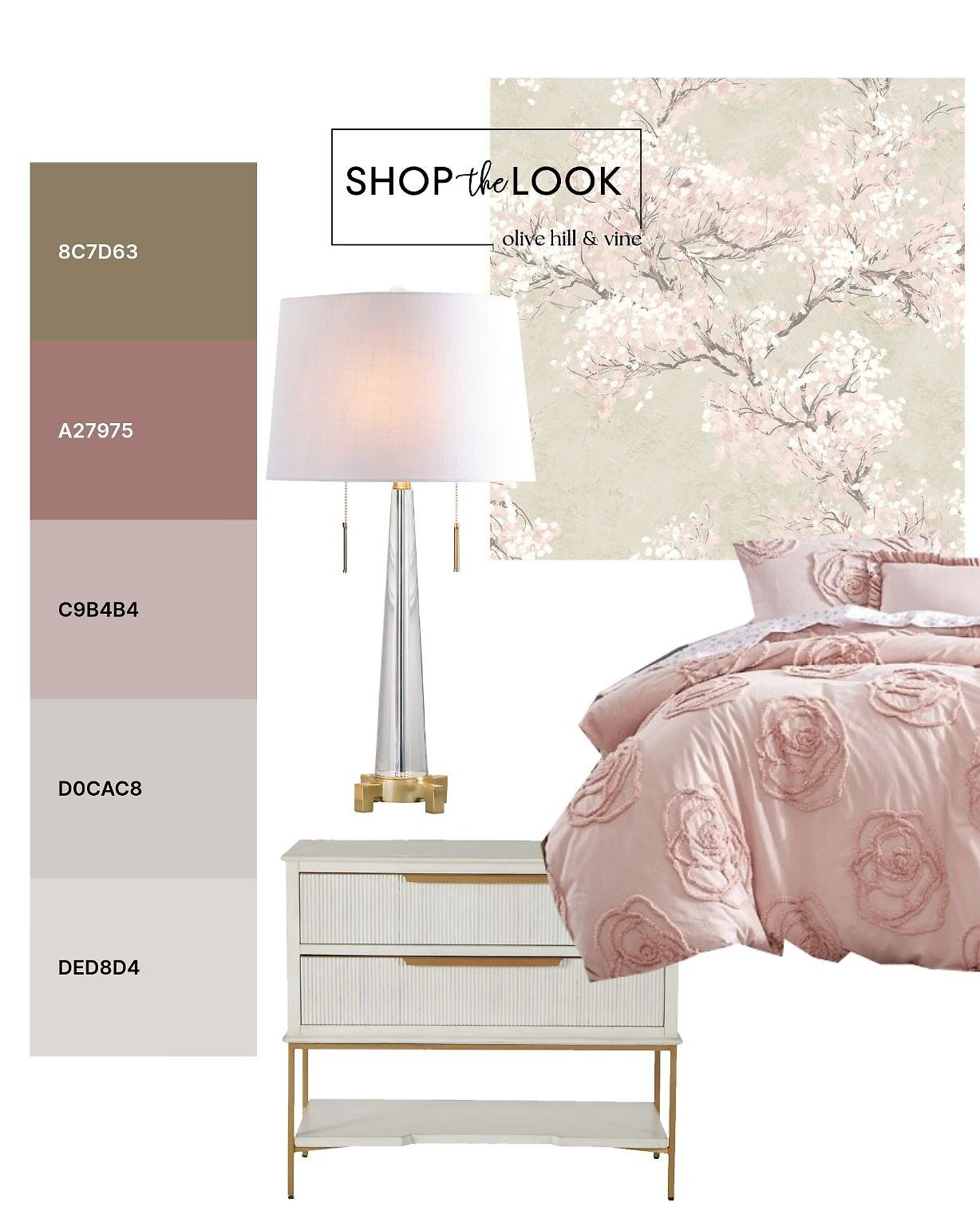 Soft blush layers meet warm neutrals in this dreamy bedroom mood board. Cherry blossom wallpaper, sculptural lighting, and textured rose bedding create a romantic, airy feel—balanced by clean-lined furniture and subtle gold accents for a polished finish.  

 

#LTKHome