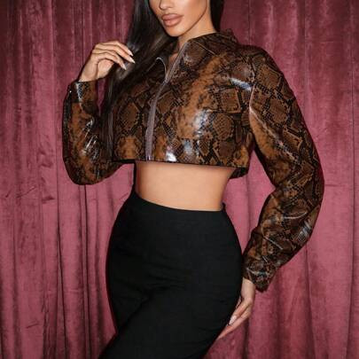 PU Snake Skin Print Front Zipper Long Sleeve Crop Jacket | SHEIN