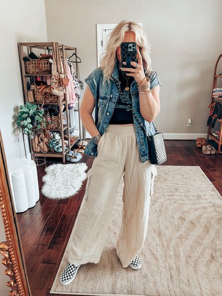 Tank size L
Pants size M
Denim vest (was a jacket and I cut the sleeves off) linked similar 
Sneaks size down 
Necklace save with code MANDIE15

#LTKSeasonal #LTKover40 #LTKFestival
