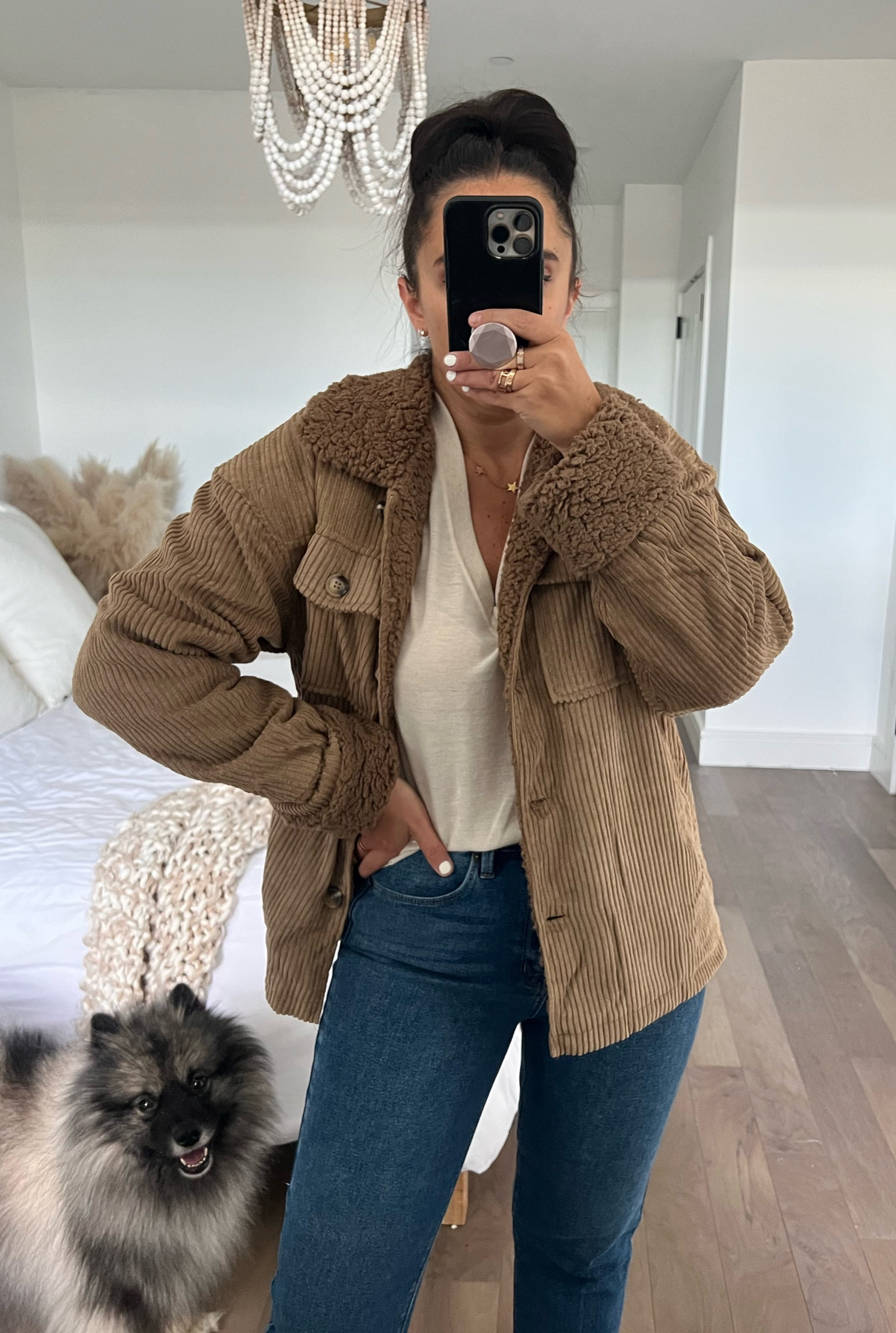 Wubby fleece button up wearing size small. Tee shirt wearing size medium