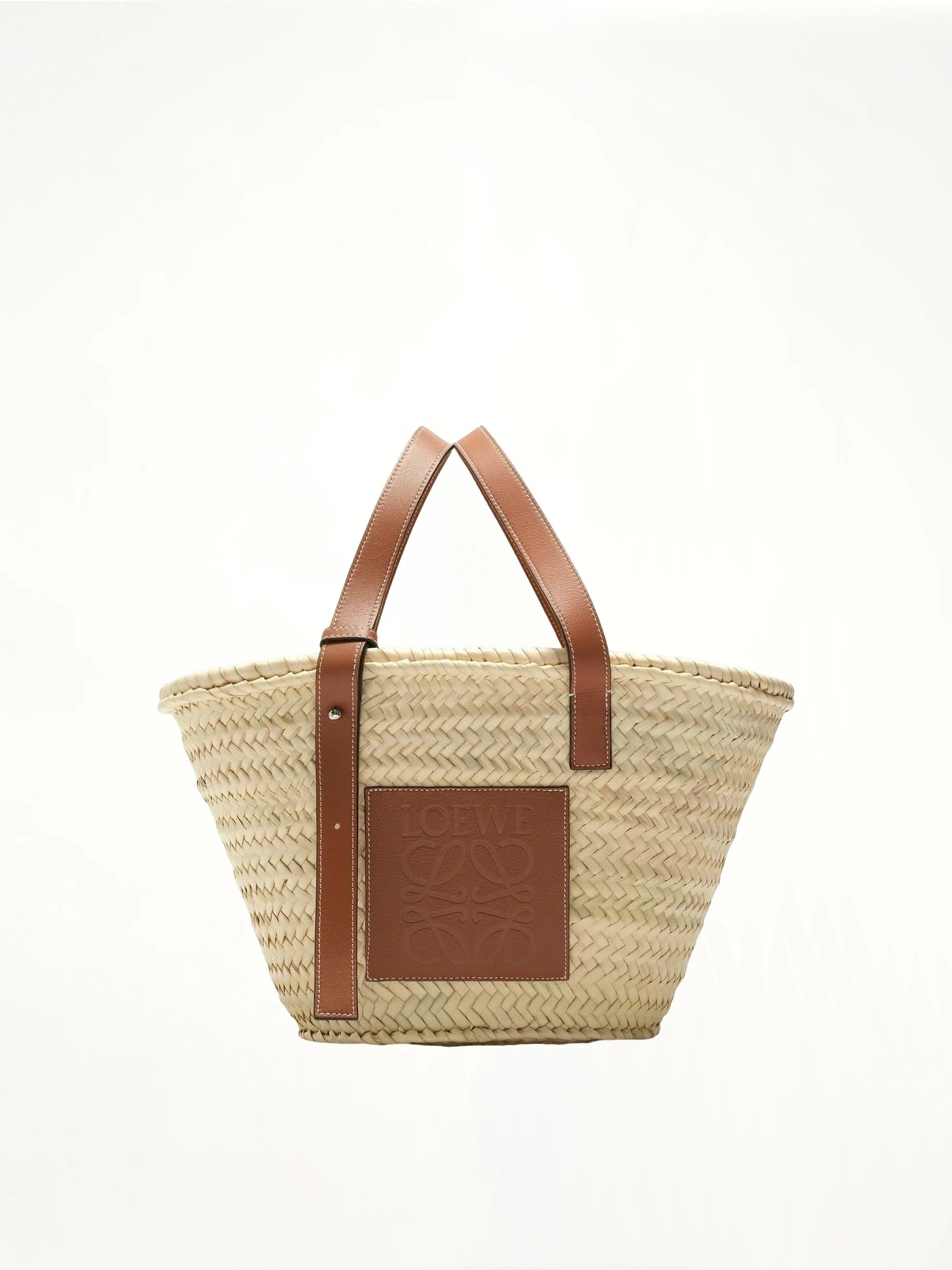 Medium Basket Bag in Palm Leaf and Calfskin in Natural/Tan | MARAIS