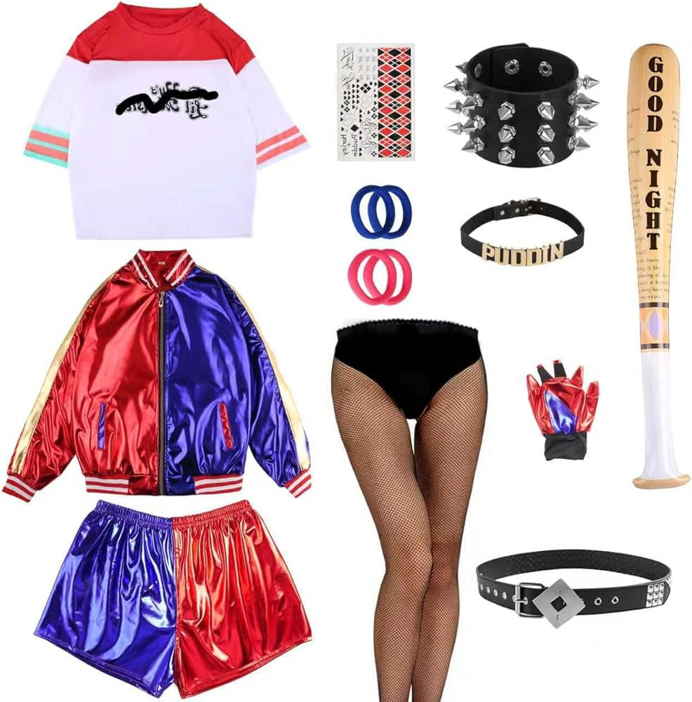 11Pcs Women Halloween Red Blue Costumes Cosplay Set Jacket T-shirt Shorts Pudingns Choker Bracele... | Amazon (US)