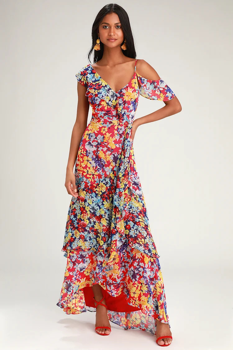 Radiant Ruby Red Floral Print Chiffon Maxi Dress | Lulus (US)