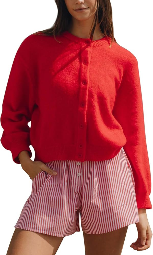 Arssm Womens Button Up Cardigan Sweater Crewneck Long Sleeve Fall Soft Knit Sweater Outwear | Amazon (US)