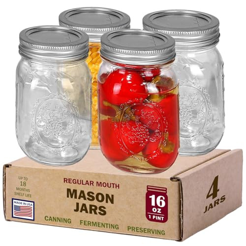 Regular Mouth Mason Jars 16 oz. (12 Pack) - Pint Size Jars with Airtight Lids and Bands - Made in USA - for Canning, Fermenting, Pickling, Meal Prep, or DIY Decors and Projects Bundled with Jar Opener | Amazon (US)