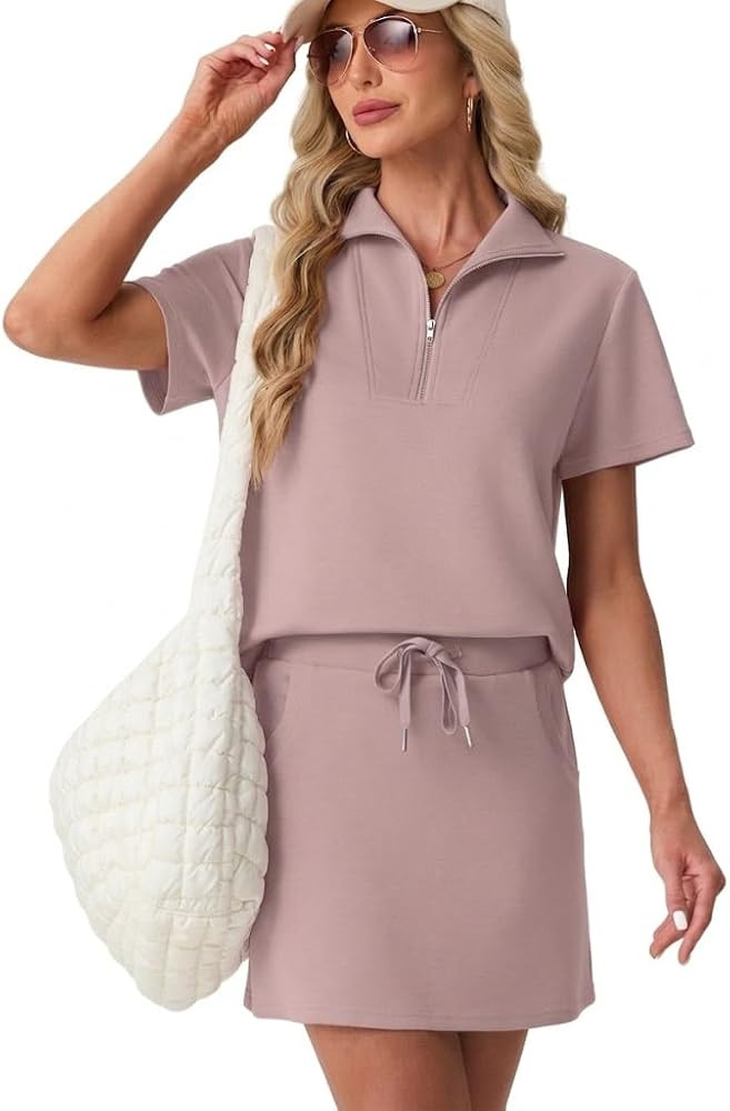 GRECERELLE Women's Summer 2 Piece Skort Set Half Zip Short Sleeve Top & Pocketed Tennis Skirt For... | Amazon (US)