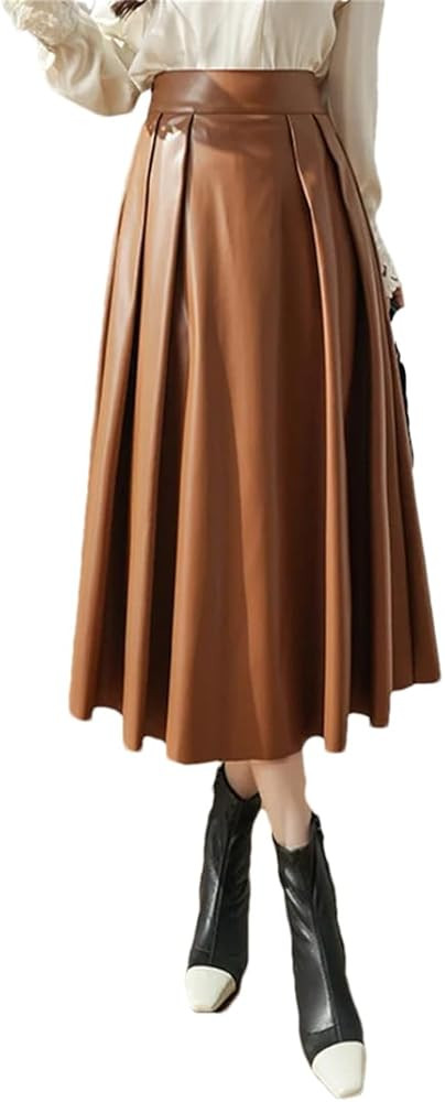 Fnfmrfmr Women's Solid PU Faux Leather Skirts High Waist Pleated A-Line Swing Long Skirt Autumn W... | Amazon (US)