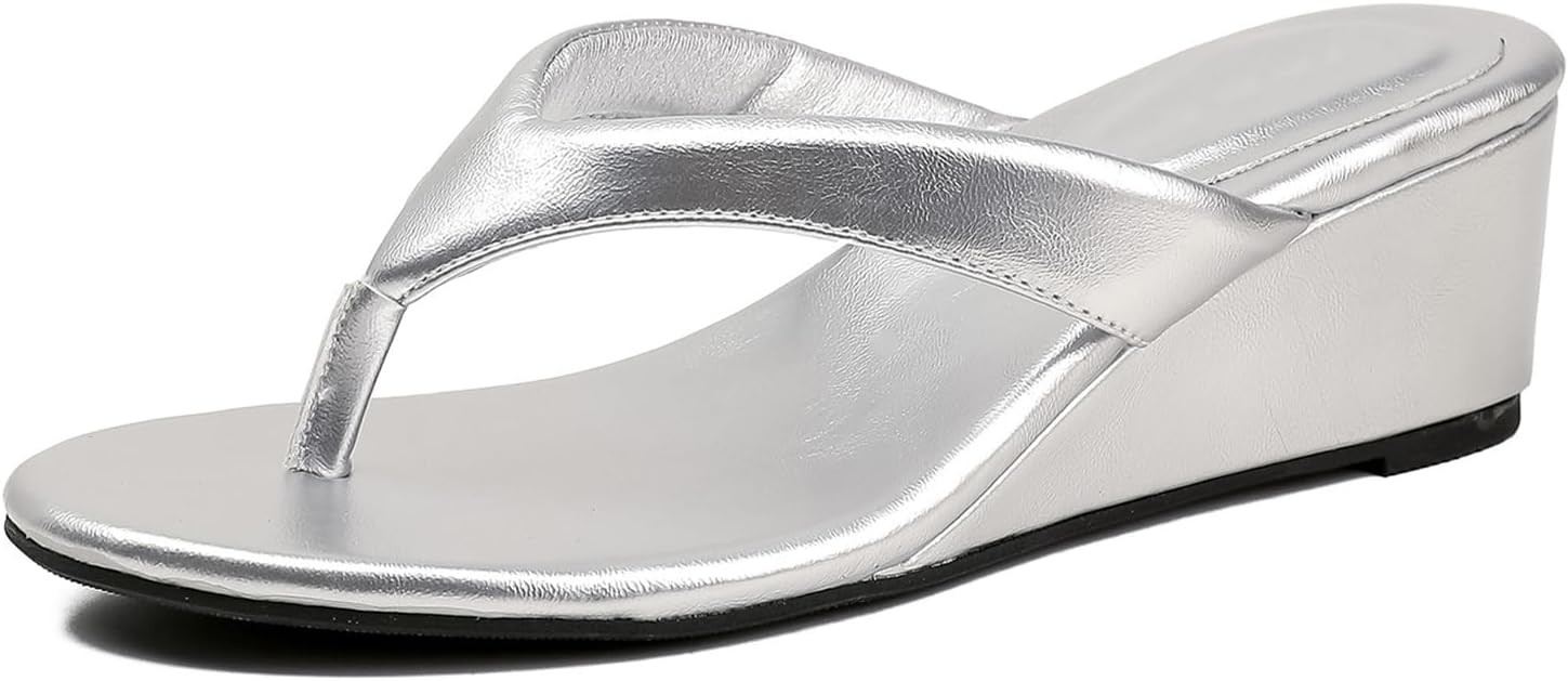 Women's Wedge Flip Flops Comfortable T-Strap Round Open Toe Arch Support Slip On Thong Sandals for Casual Vacation Daily Wear | Amazon (US)