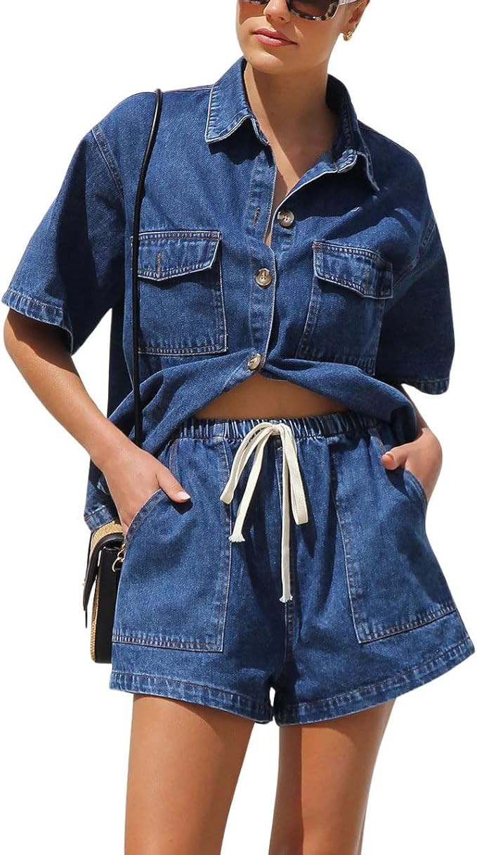 chouyatou Women's Summer Denim 2 Piece Outfits Short Sleeve Button Down Shirt Elastic Waist Wide ... | Amazon (US)