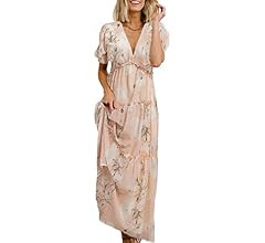 Amegoya Women's Casual Short Sleeve V Neck Floral Maxi Dresses Boho Beach Photoshoot Flowy Ruffle... | Amazon (US)
