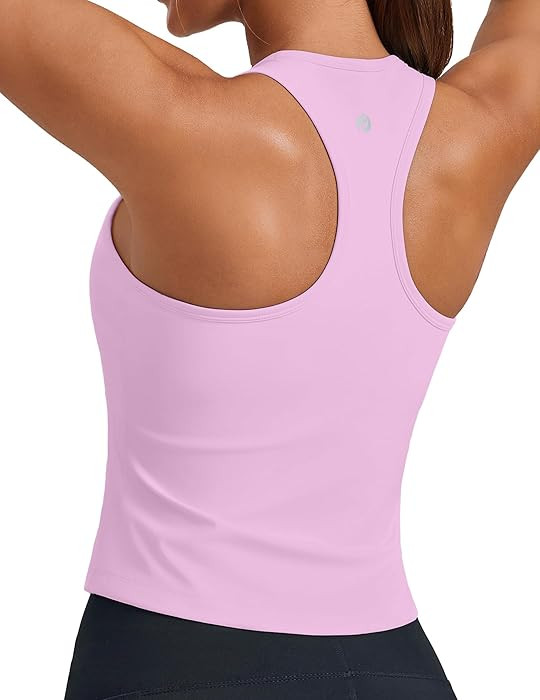PINSPARK Workout Tops for Women Racerback Tank Top with Built in Bras Waist Length Yoga Tops Padd... | Amazon (US)