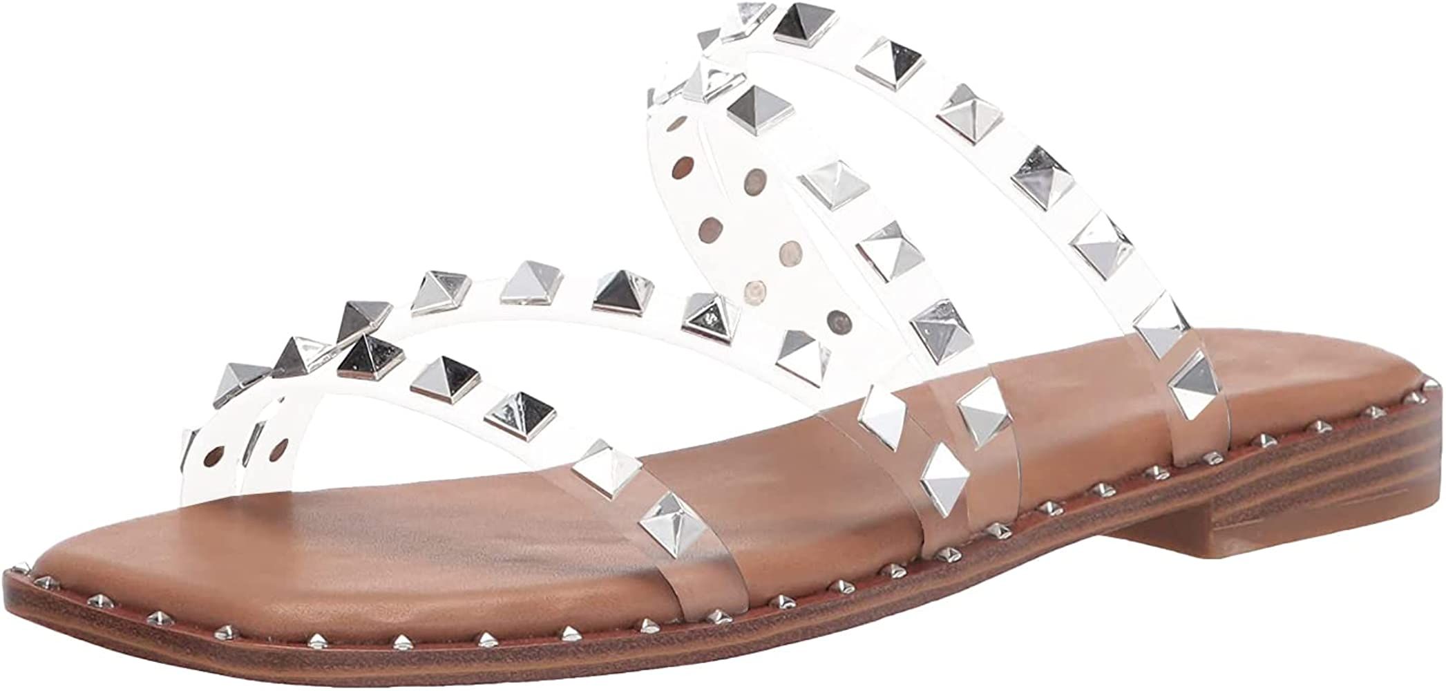 JeimPoey Womens Studded Flat Sandals Open Square Toe Rivets Strappy Slip on Slides Sandal | Amazon (US)