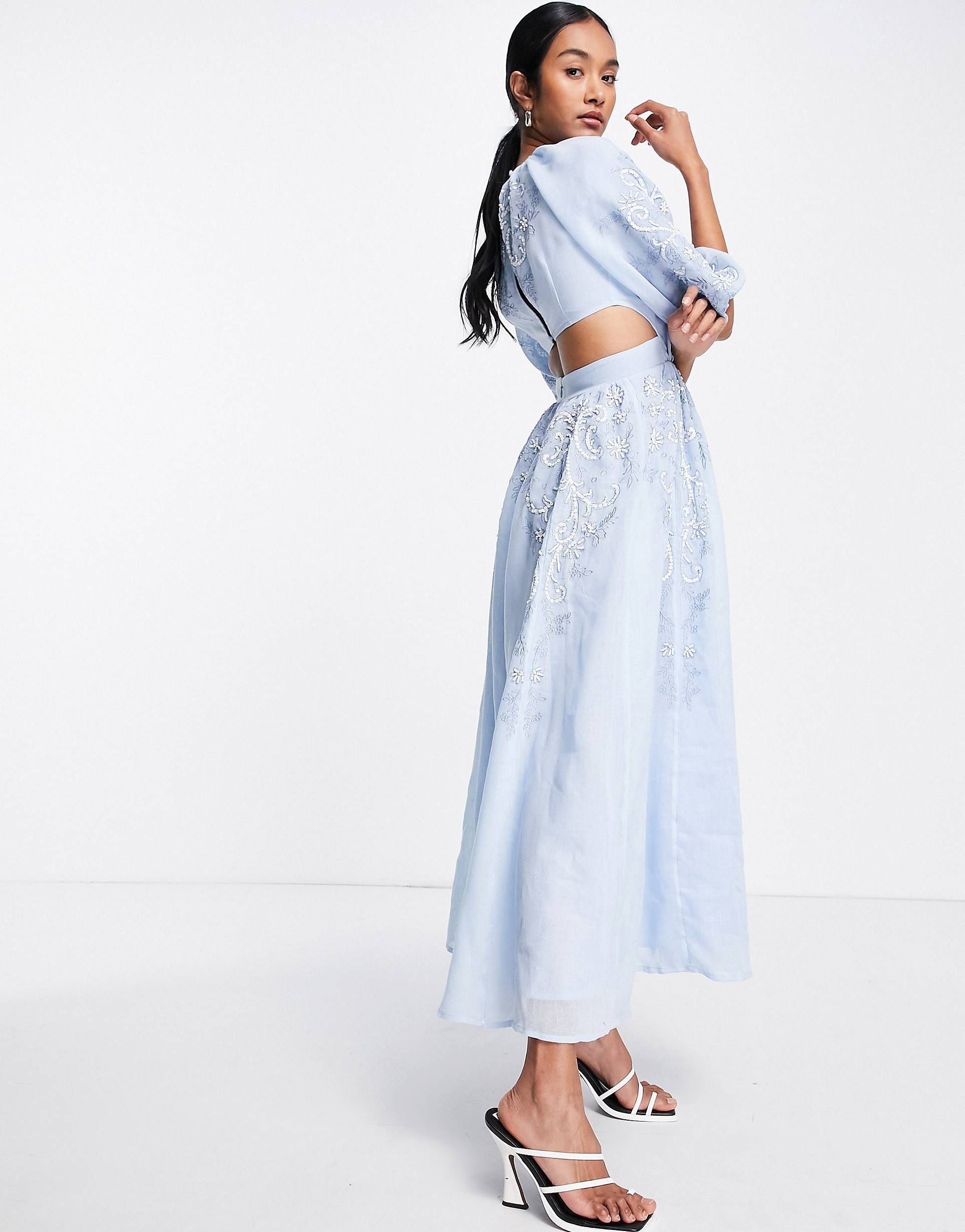 ASOS EDITION puff sleeve midi dress with cut-out back and beaded embroidery in blue | ASOS (Global)