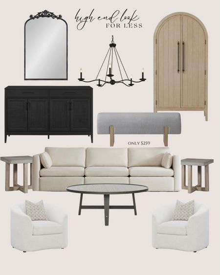Amazon high end look for less:
White sofa. Gray concrete side table. Gray wood coffee table. White accent chai. Black cabinet. Black mirror traditional. Black chandelier. Light wood wardrobe. Gray bench modern.

#LTKsalealert #LTKhome