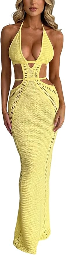 Women Sexy Crochet Maxi Dress Cut Out Halter V Neck Backless Knit Bodycon Long Dress Summer Beach... | Amazon (US)