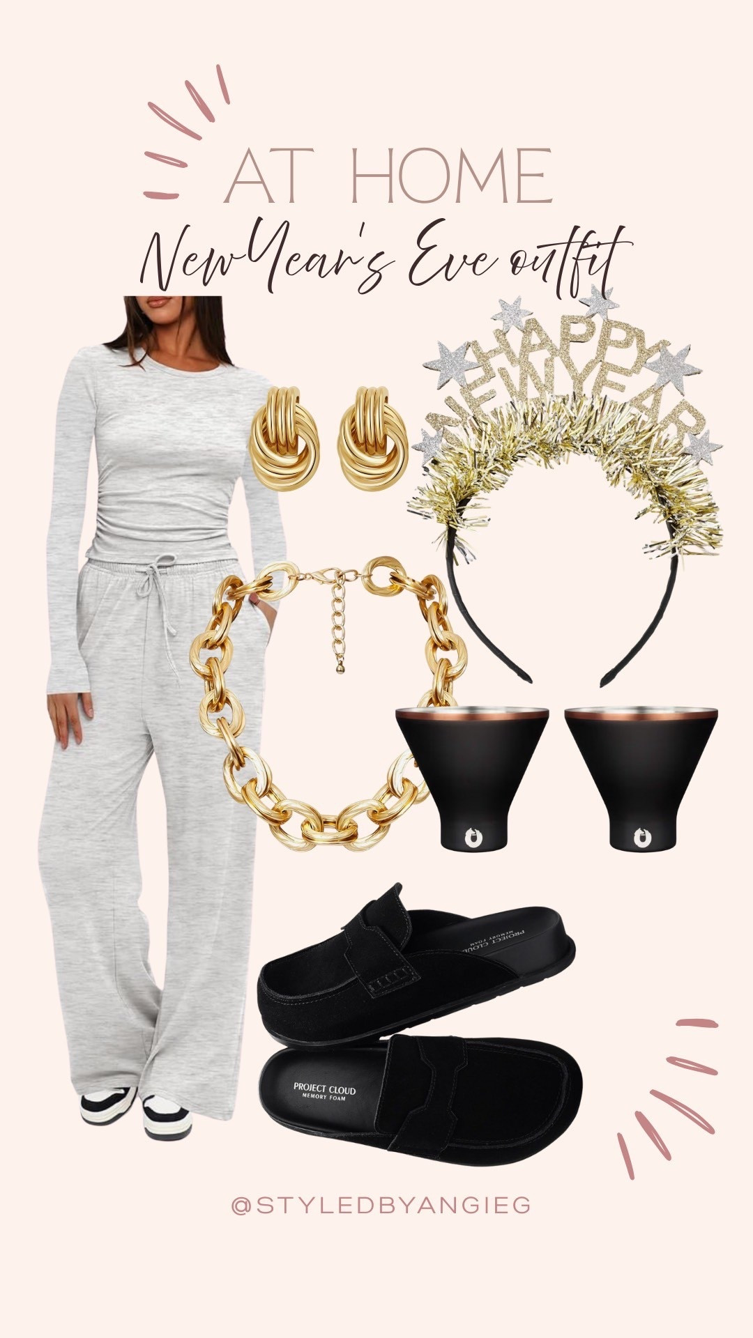 I’m so tired after Christmas and seriously considering a quiet New Year’s Eve at home. This comfy Amazon lounge set is so cute and looks and feels expensive. I love this fun gold accessories to add a little bling and these drink glasses are adorable. 
At home NYE outfit inspo 