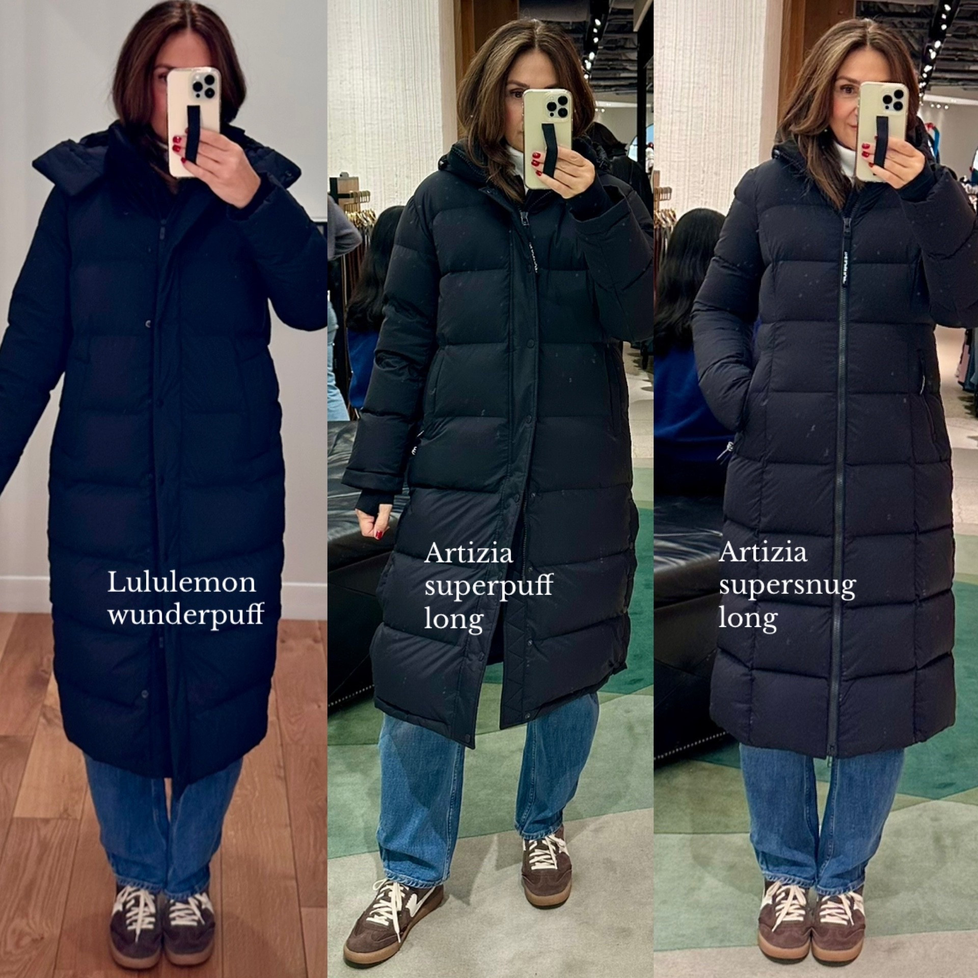 Comparing long black puffer coats!
I’m 5’ 7” wearing my usual size small in all three. All three have removable hoods, inside pockets and zippers that can unzip from the bottom.
1. Lululemon: very nice coat, feels like great quality. A nice feature is the Inside elastic to cinch the coat, makes it look less bulky 
2. Aritzia regular superpuff: very similar to the Lululemon coat but has side buttons on the bottom. Some people like this cause it makes the coat wider at the bottom so easier to walk but some say it lets cold air in.
3. Aritzia Supersnug: similar weight and feel but more of a fitted style, an inch longer and no side buttons at the bottom. The SA said most people size up in this style and I agree, the small barely zipped up and I’m not large chested! 
I ended up ordering the Aritzia superpuff Arctic (not pictured) which has a bigger hood and wind proof fabric (vs wind resistant on the regular one).
 

#LTKSaleAlert #LTKSeasonal