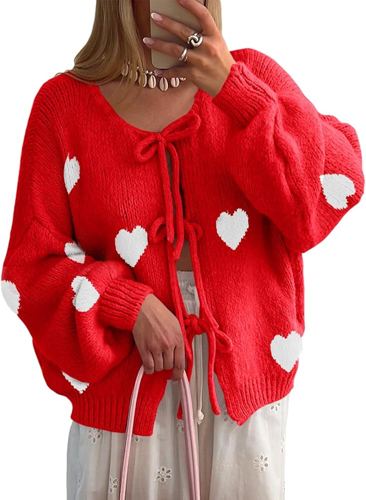 Saodimallsu Womens Tie Front Cardigan Sweaters Cute Bow Puff Long Sleeve 2025 Fall Loose Ribbed K... | Amazon (US)