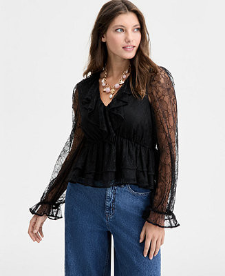 Women's V-Neck Ruffle Lace Top, Macy's Exclusive | Macy's