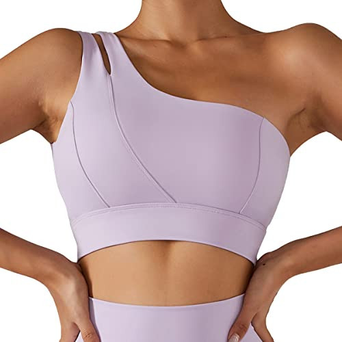 One Shoulder Sports Bras for Women High Support Removable Padded Sexy Cut Out Strap Yoga Bra Wirefree Athletic Gym Workout Crop Tank Top Purple Large | Amazon (US)