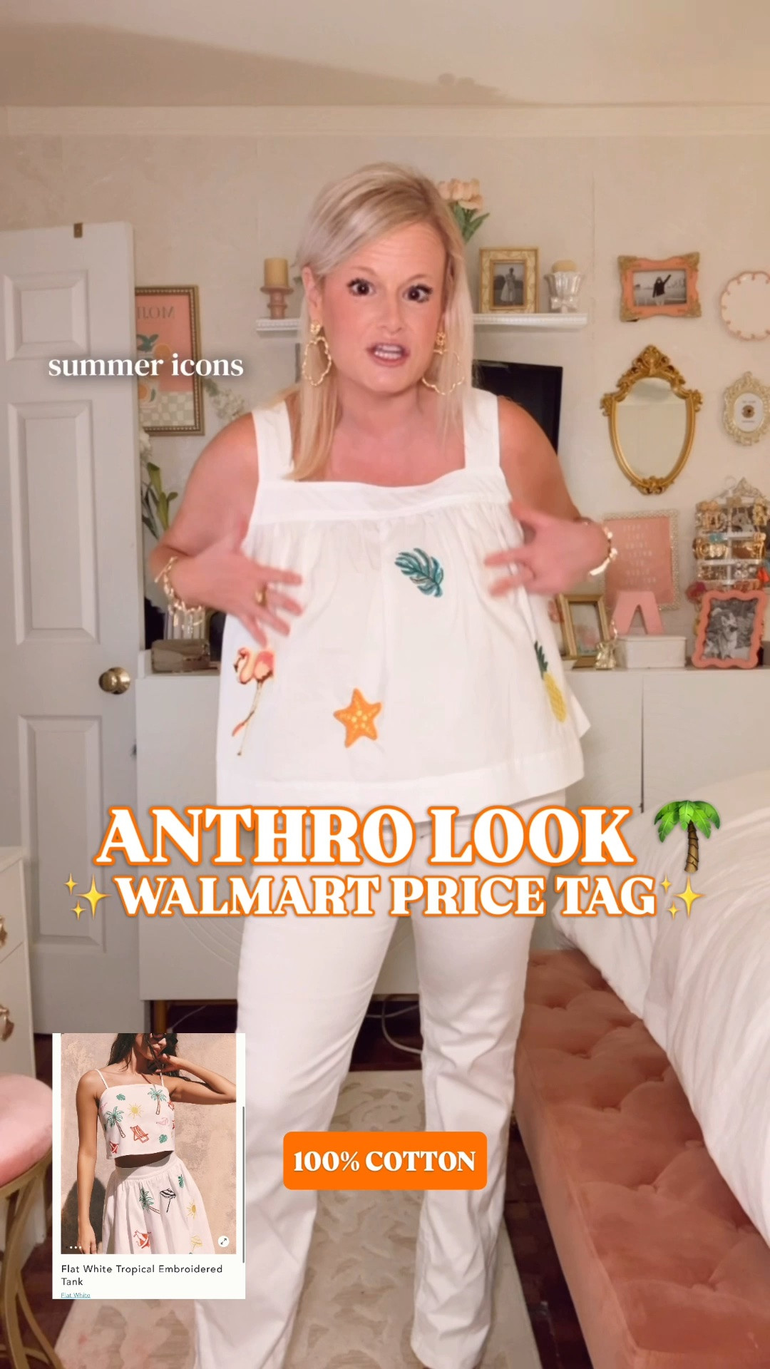 Anthropologie tank look for less | Walmart summer top | Free Assembly top | tropical embroidered top | vacation outfit

Walmart was feeling unusually Anthropologie when they designed this one.

The $88 Anthropologie tank has that colorful resort embroidery everyone stops for, and this Free Assembly version scratches the exact same itch without the Anthropologie receipt.

The white 100% cotton poplin. The square neckline. The bra friendly straps. Then the embroidery: flamingos, pineapples, palms, starfish, tropical leaves. It’s the kind of top that makes plain white denim suddenly feel like you planned the outfit.

I sized up to a large for my bust, but honestly I could have worn my normal medium. It has an easy, relaxed fit.

The matching embroidered maxi skirt is sold separately if you want the full set, but I honestly love this just as much with white shorts, denim shorts, linen pants, white jeans, or thrown over a swimsuit on vacation.

This is exactly the kind of Walmart find I hope they keep making because it gives you the fun part of Anthropologie style without asking for Anthropologie money.

Anthropologie Tropical Embroidered Tank look for less, Anthropologie tank look for less, Anthropologie inspired top, Anthro inspired top, Walmart summer top, Walmart fashion finds, Walmart style, Walmart finds, Free Assembly top, embroidered tank top, tropical embroidered top, embroidered cotton top, square neck tank top, white cotton top, 100 cotton top, cotton poplin top, vacation top, resort wear women, beach vacation outfit, tropical vacation outfit, cruise outfit, matching set women, embroidered skirt set, summer tops women, preppy summer outfit, designer look for less

#LTKFindsUnder50 #WalmartFinds #WalmartStyle #Anthropologie #AnthroStyle #LookForLess #VacationOutfit #PreppyStyle

#LTKSeasonal #LTKTravel #LTKootd