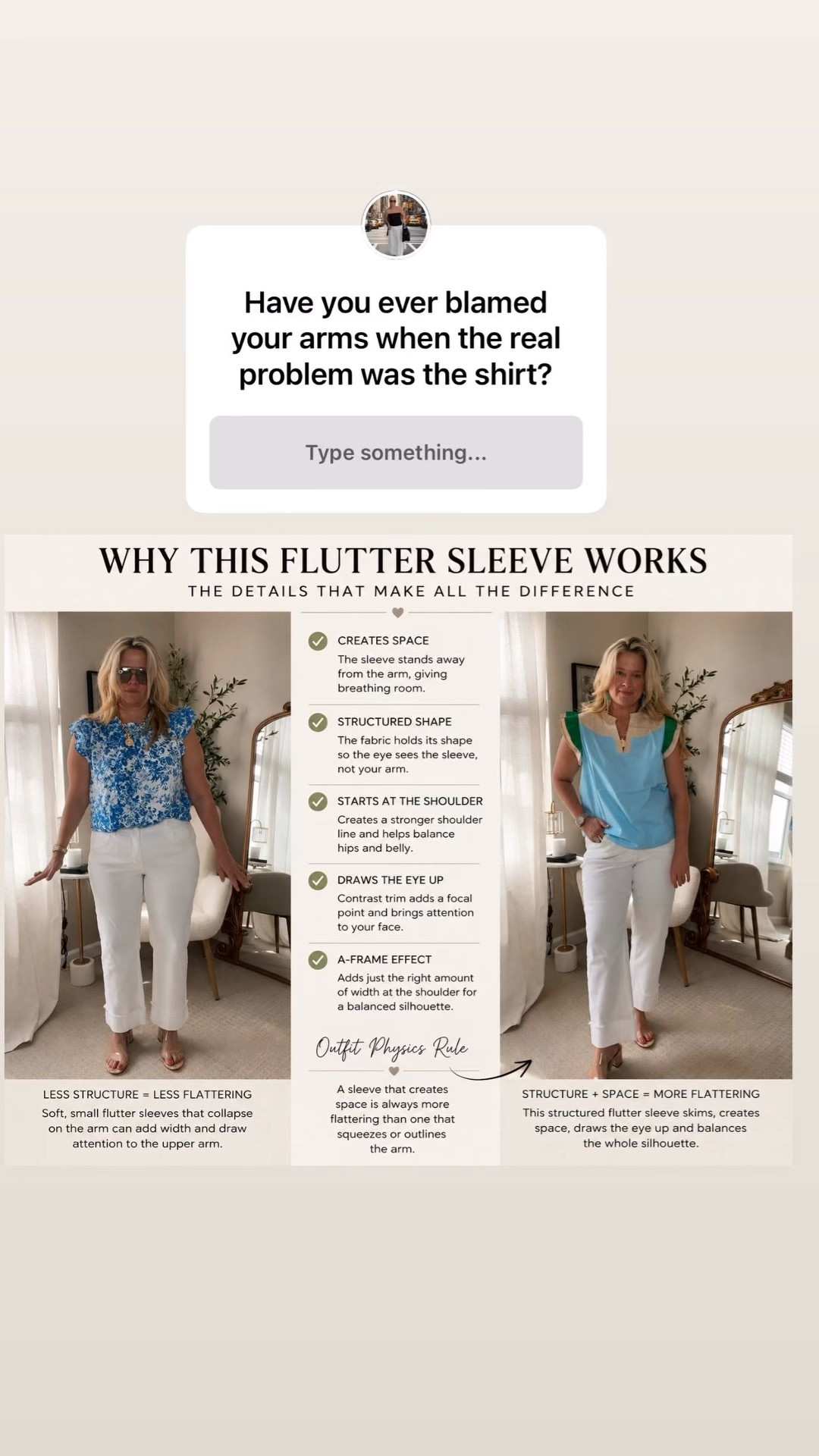 ✨Tap the bell, save and ❤️ for over 40 fashion, midlife style, midsize fashion and luxury looks for less. 

I used to think all flutter sleeves were flattering.

They’re not.

Tiny flutter sleeves often stop at the widest part of the arm, drawing attention exactly where many women don’t want it.

But a structured flutter sleeve works differently.

✨ Creates space around the arm
✨ Holds its shape instead of collapsing
✨ Draws the eye upward
✨ Creates balance through the shoulders

That’s the difference between a sleeve that highlights the arm and a sleeve that creates balance.

Outfit Physics isn’t about hiding your body.

It’s about understanding why one shirt works and another doesn’t.

Which team are you?

A. Tiny flutter sleeve
B. Structured flutter sleeve
👇

👑"Helping you look good, feel good!" - Lindsey Denver

#LTKOver40 #LTKMidsize #LTKPlusSize

Comment SHOP below to receive a DM with the link to this post on my LTK ⬇ https://liketk.it/6eZ2s
