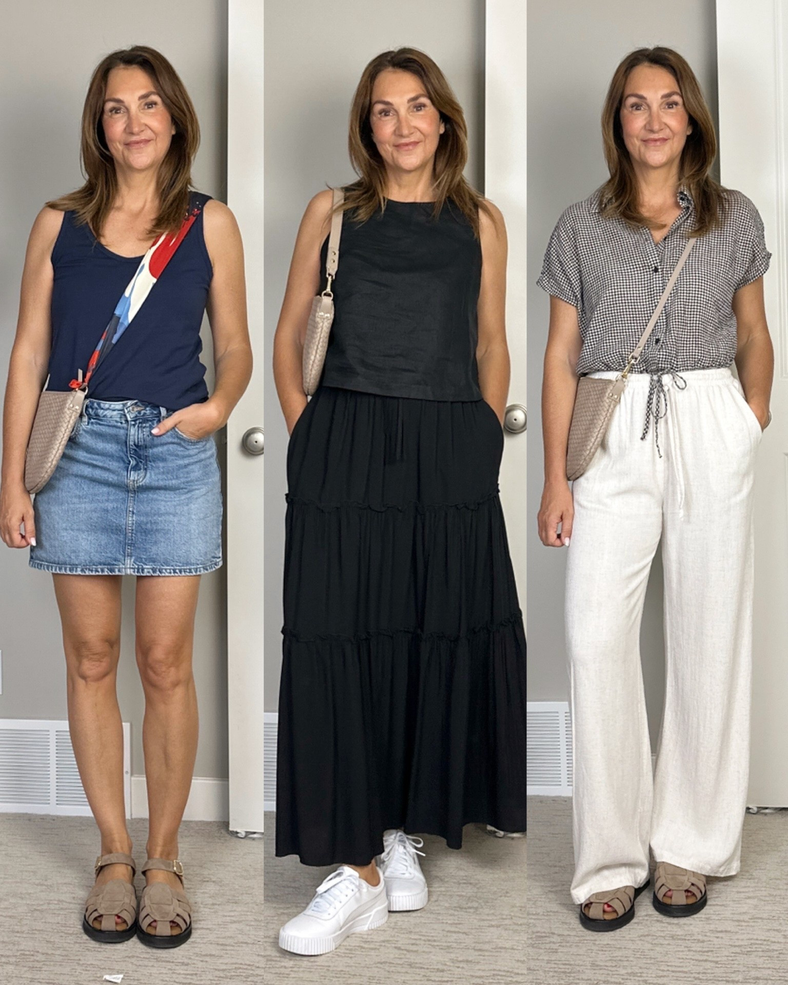 Euro summer travel capsule (carry on only): daytime outfits days 1-3.
I basically follow the travel sudoku method but I prefer a fresh top every day so I pack enough for a week, also bring a dress or two, wear a layering piece as a top, rewear those that maybe didn’t get worn all day, or wash some depending on the length of the trip. 
This is day 1-3 of daytime outfits. I’m 5’ 7” size 4ish wearing my usual size Small in the linen pants, in both skirts. 
Both tanks are linked and fit tts, the other top I bought in Italy but I linked similar.
Sneakers are really comfortable and fit tts, the sandals are also great for walking, I got my usual size but in wide for extra comfort (use code CBSTYLED-25 for $25 off orders over $200)

#LTKSeasonal #LTKTravel #LTKootd