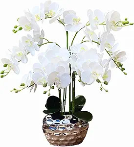 Orchid Artificial Flowers for Home Decor, Faux Orchids with Silver Vase Phalaenopsis Fake Flowers... | Amazon (US)