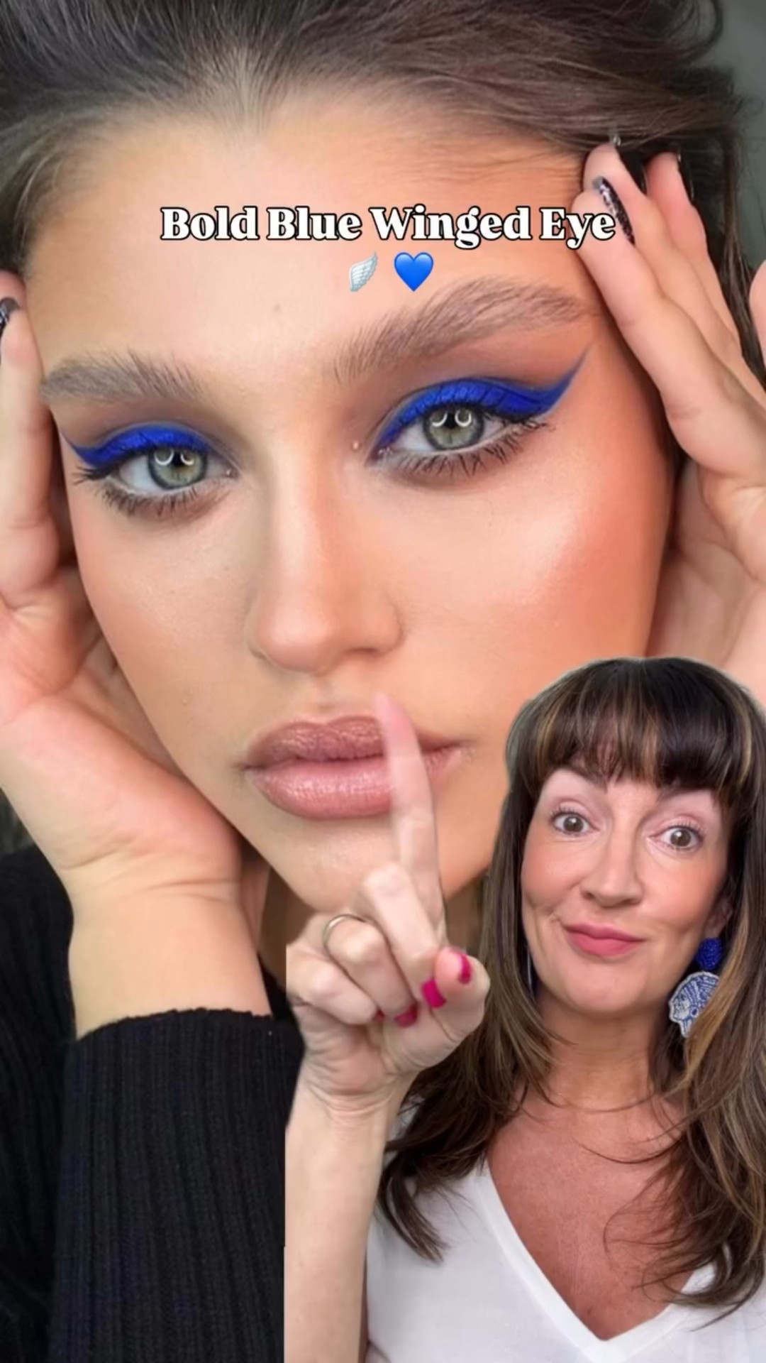 💙 Go BIG or go home right?? That’s the mentality I took for this winged eye look. I created this for my daughter’s high school volleyball tournament (the school colors) and thought it turned out quite school spirited!! (It did take me longer than expected to get the wings as even as possible 🥴) What do you think?? // “navy blue” liquid liner is @anastasiabeverlyhills #blueeyeshadow #wingedeye #cateye #makeupover40 #makeuptutorial #beautyreel #makeupreel