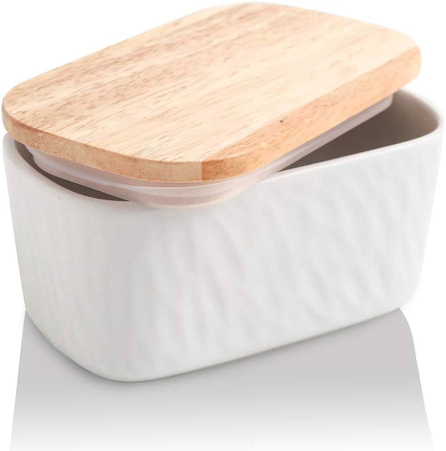 KOOV Porcelain Large Butter Dish with Lid for Countertop, Airtight Butter Container with Oak Lid,... | Amazon (US)