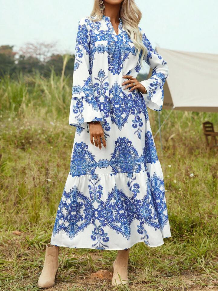 SHEIN VCAY Notched Neck Flounce Hem Maxi Dress With Sleeve | SHEIN