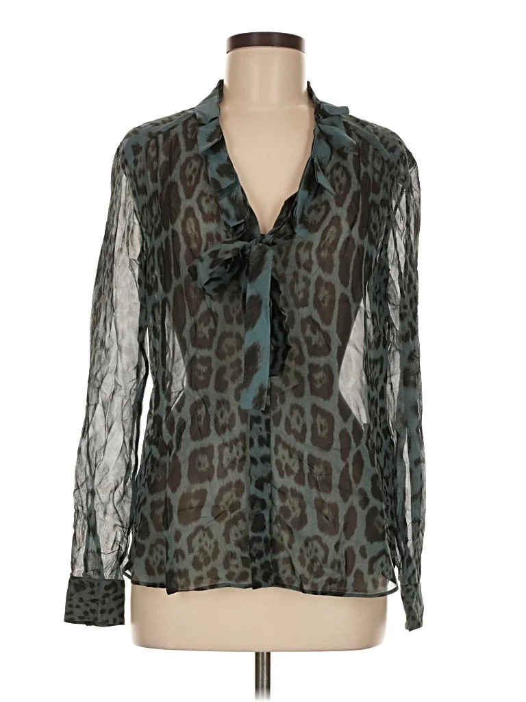 Roberto Cavalli 100% Silk Animal Print Green Teal Long Sleeve Silk Top Size EU (IT) 42 / US 6 - 8... | ThredUp (US)