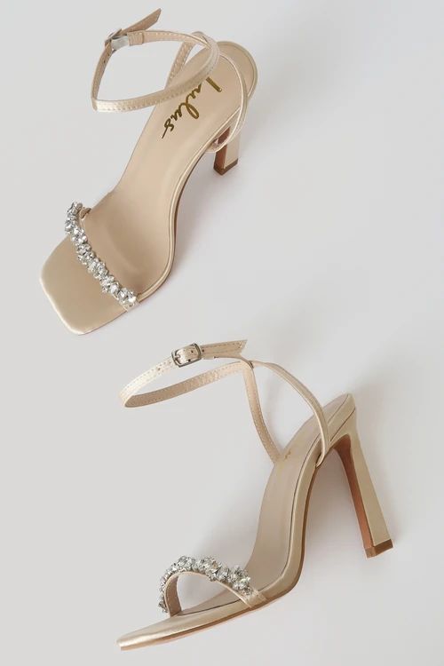 Goldiena Champagne Satin Rhinestone Ankle Strap Heels | Lulus (US)