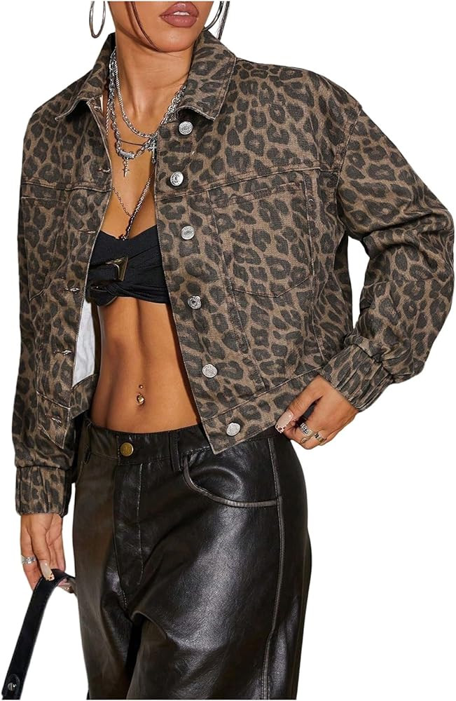 Floerns Women's Leopard Denim Jacket Long Sleeve Button Up Boyfriend Jean Jacket Coat | Amazon (US)