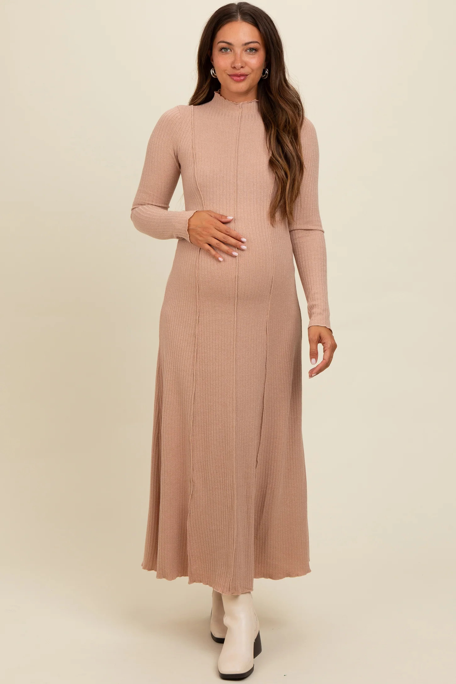 Beige Ribbed Exposed Seam Mock Neck Maternity Dress | PinkBlush Maternity