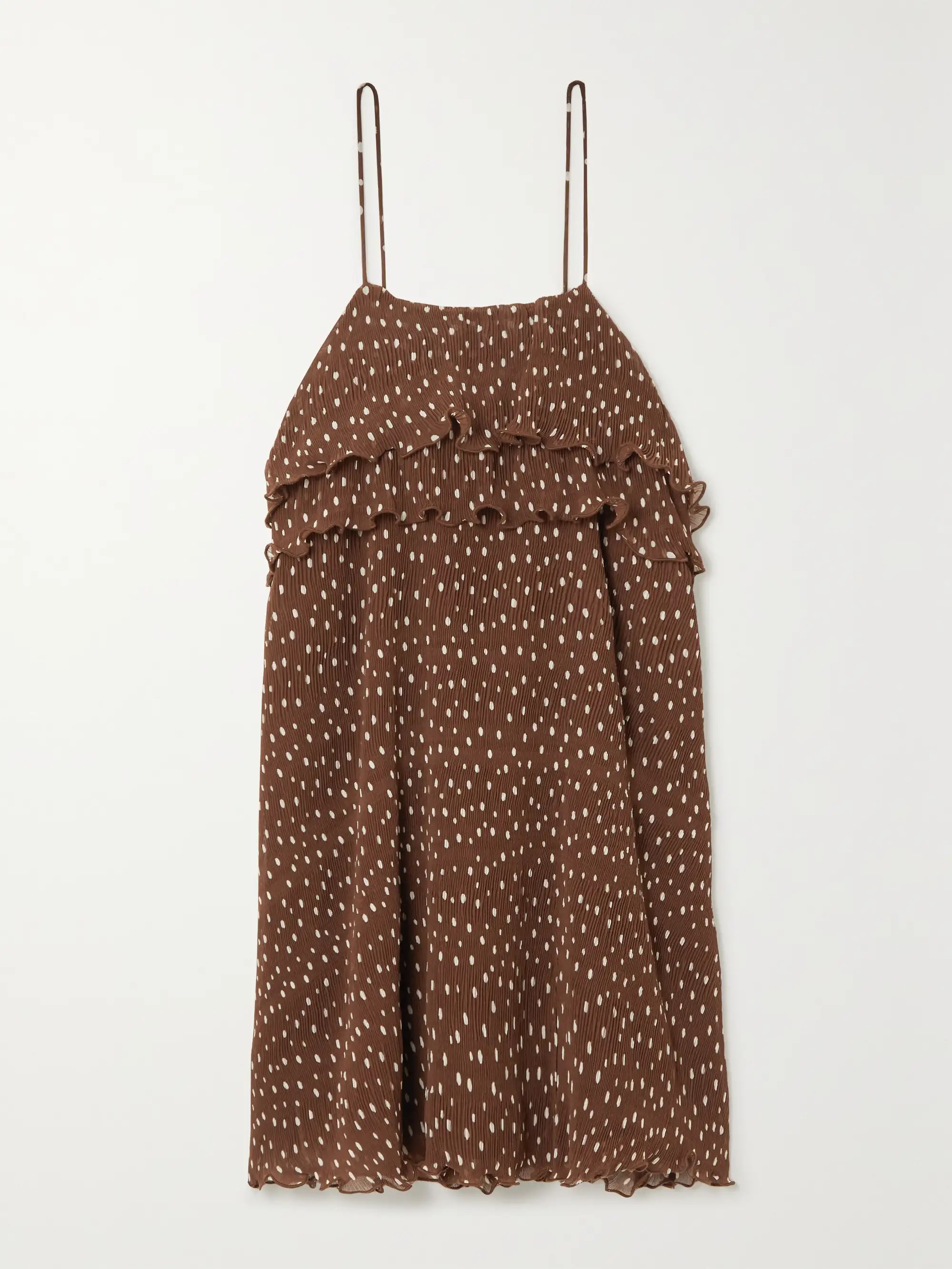 Polka-dot pleated tiered recycled georgette mini dress | NET-A-PORTER (US)