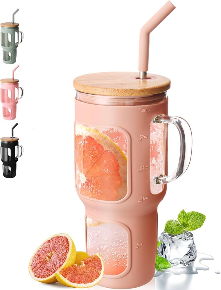 COMOOO 40oz Glass Tumbler with Bamboo Lid and Straw, Glass Water Cup with Handle, Iced Coffee Dri... | Amazon (US)