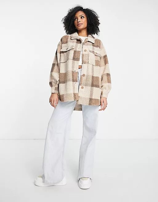Cotton:On cabin teddy shacket in taupe check | ASOS (Global)
