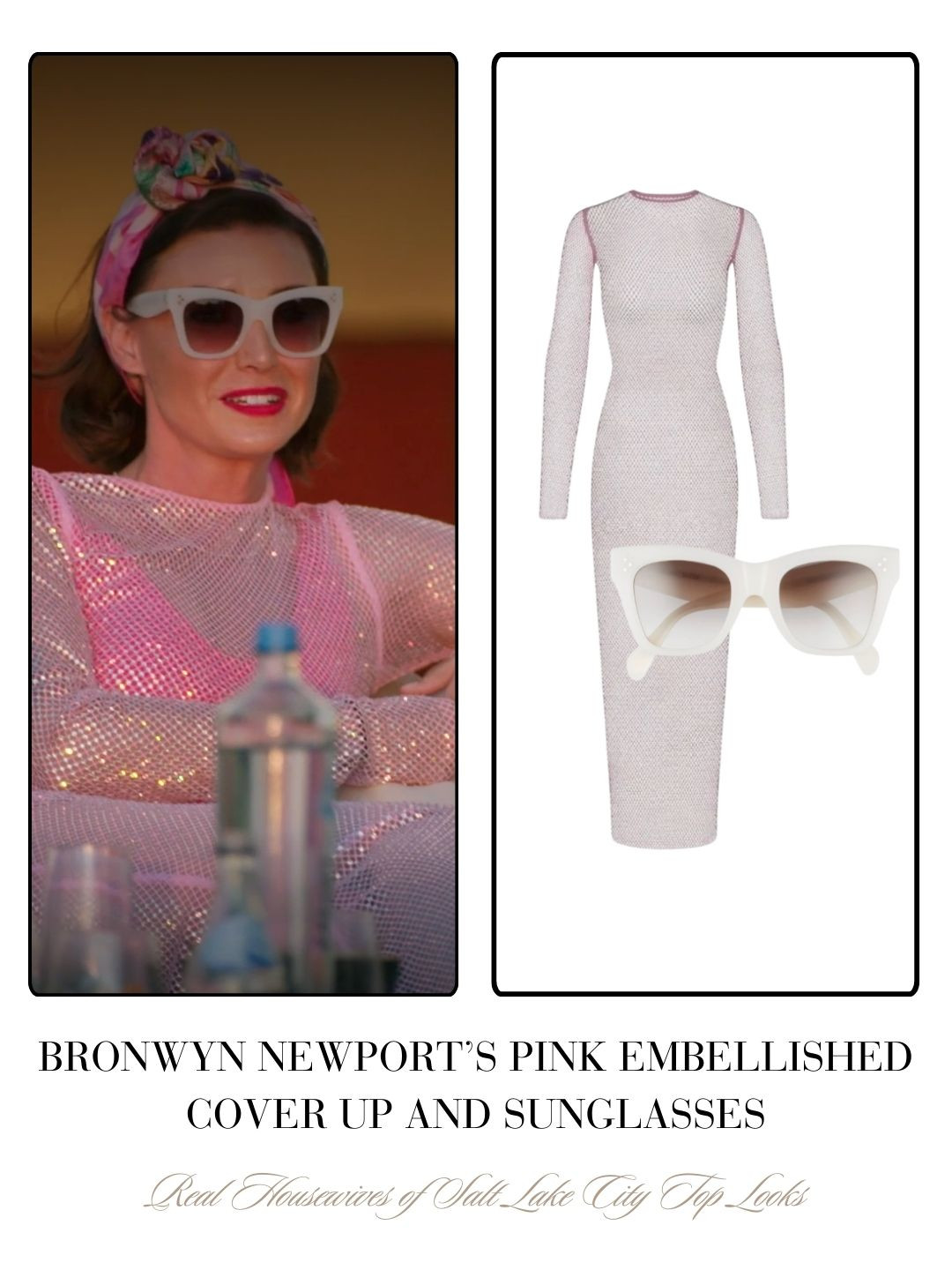 Bronwyn Newport's Pink Crystal Embellished Netted Cover Up Dress and Sunglasses in Greece 

 